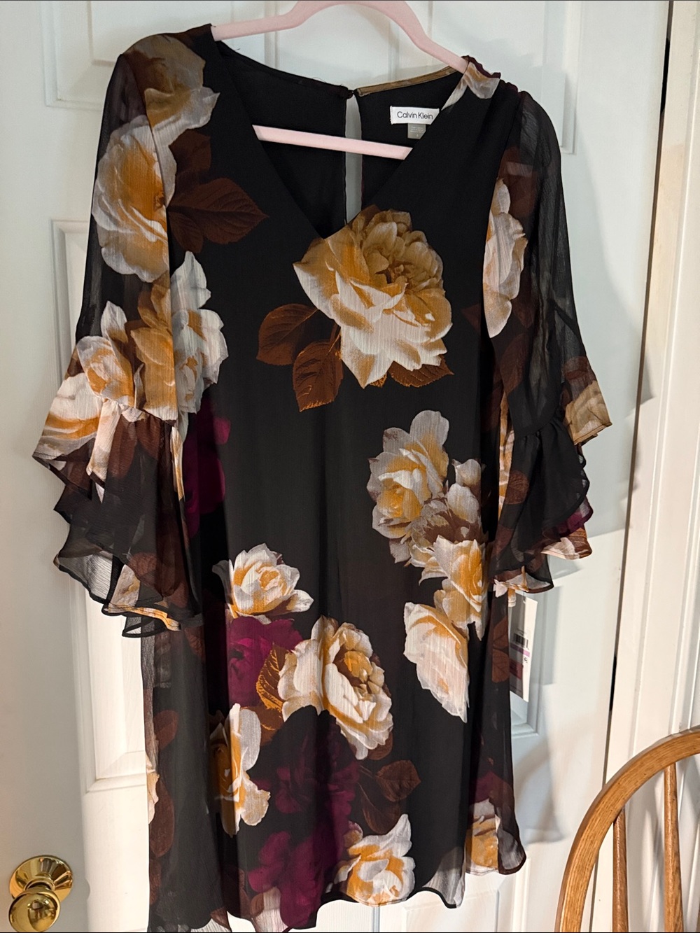 Calvin Klein Black Sheer Floral V-Neck Long Sleeve Dress